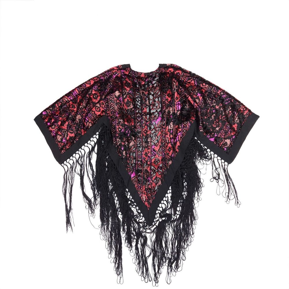 IDYLLWIND Dean Ikat Velvet Rocket Kimono Black Fringe Artsy Beachy Western Boho - Picture 7 of 11